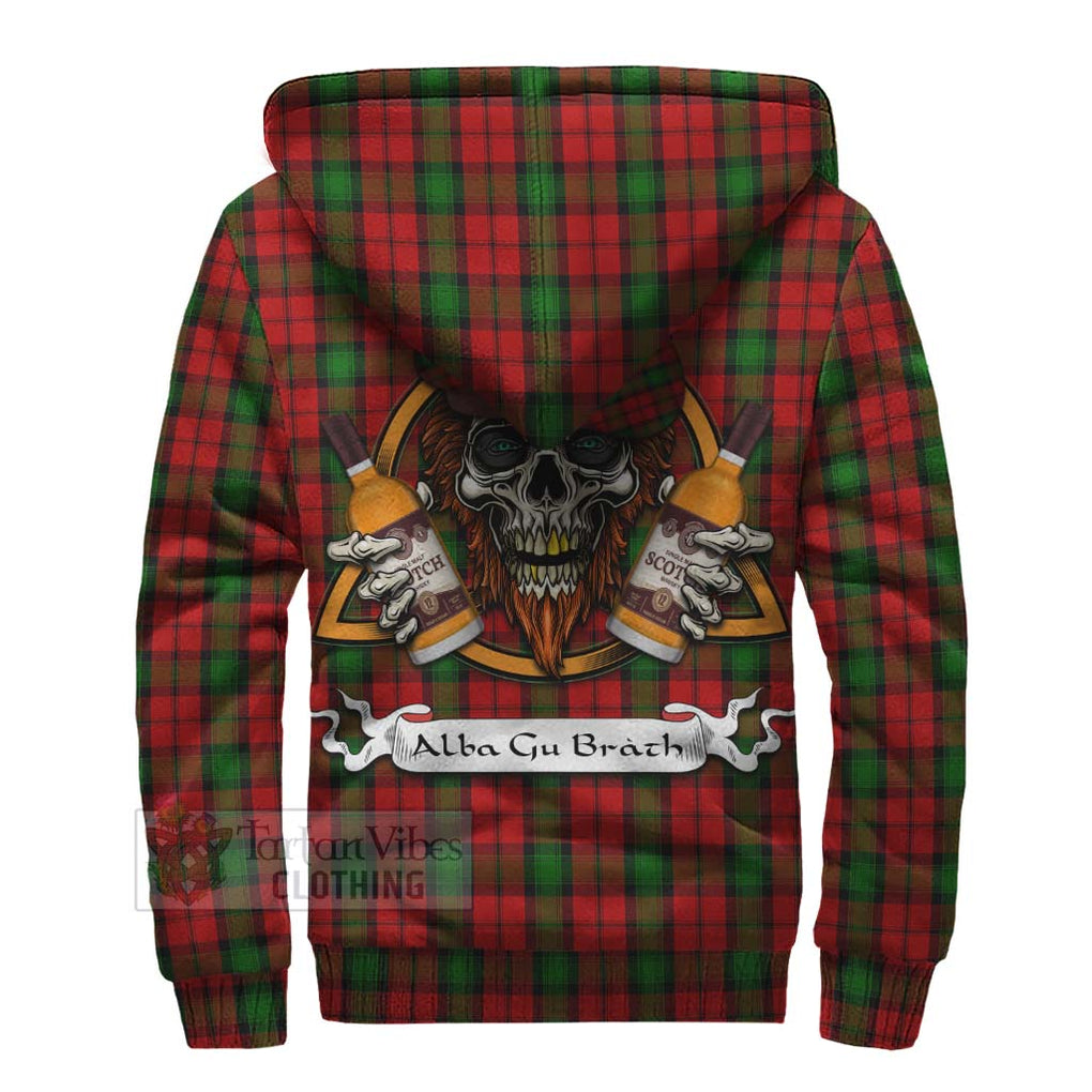 Tartan Vibes Clothing Kerr Tartan Sherpa Hoodie with Family Crest and Bearded Skull Holding Bottles of Whiskey