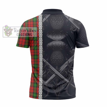 Kerr Tartan Zipper Polo Shirt with Family Crest Cross Sword Thistle Celtic Vibes