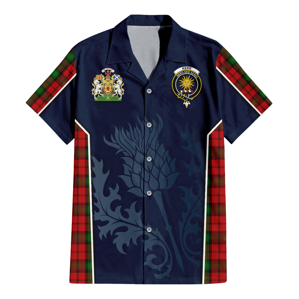 Tartan Vibes Clothing Kerr Tartan Short Sleeve Button Up Shirt with Family Crest and Scottish Thistle Vibes Sport Style