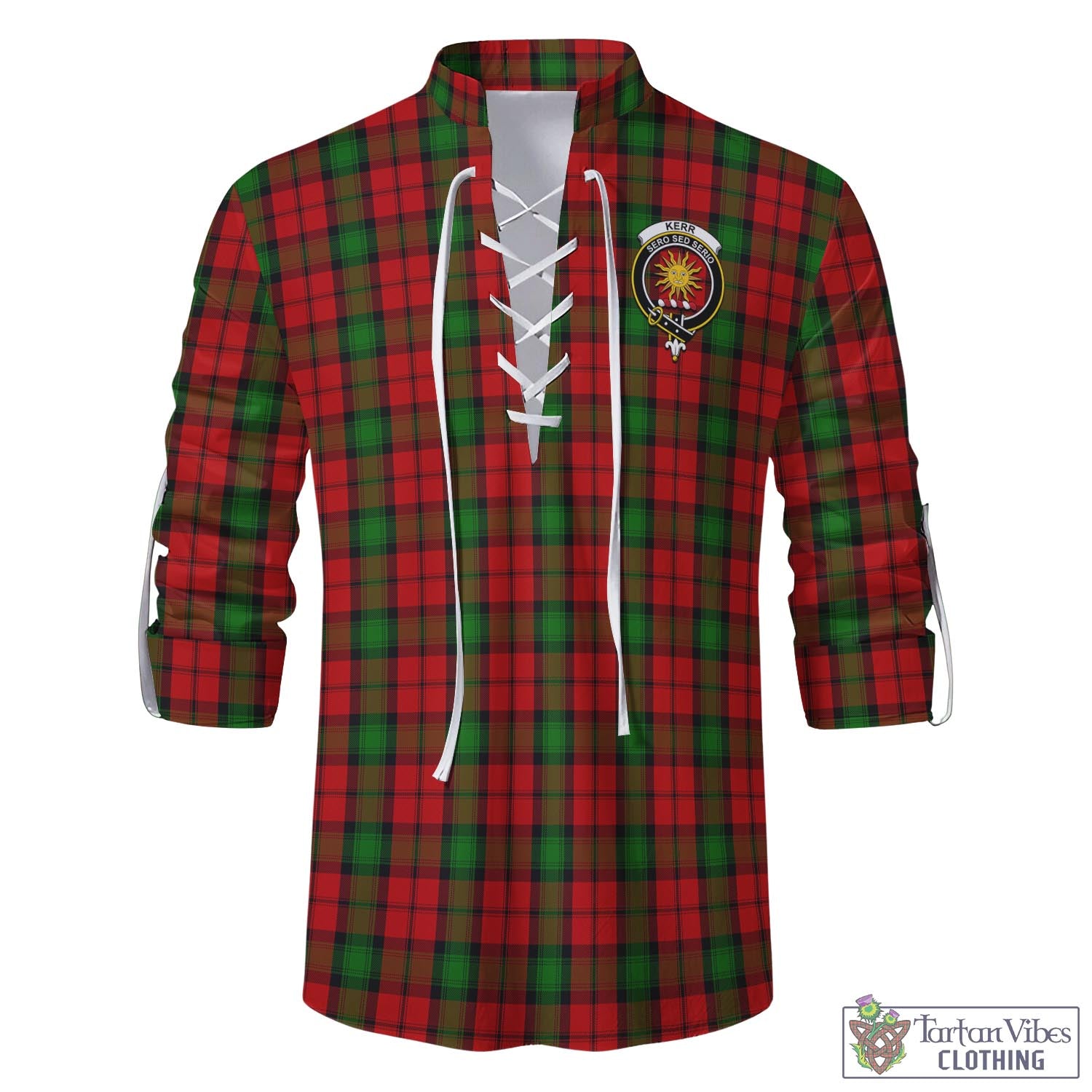 Tartan Vibes Clothing Kerr Tartan Men's Scottish Traditional Jacobite Ghillie Kilt Shirt with Family Crest