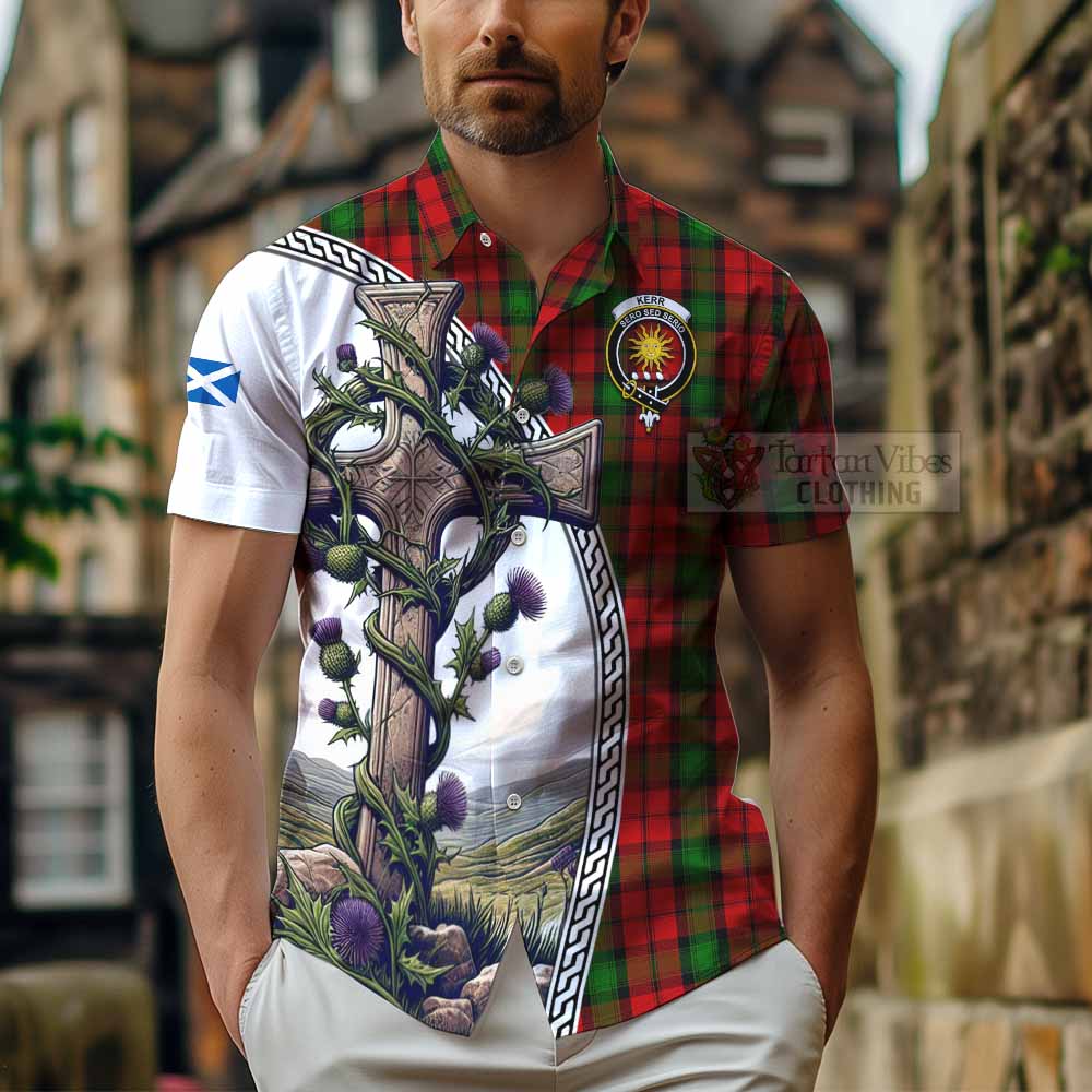 Tartan Vibes Clothing Kerr Tartan Short Sleeve Button Shirt with Family Crest and St. Andrew's Cross Accented by Thistle Vines