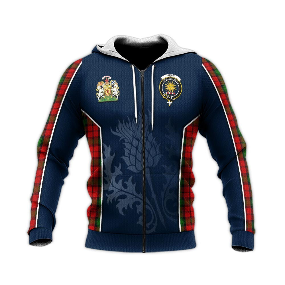 Tartan Vibes Clothing Kerr Tartan Knitted Hoodie with Family Crest and Scottish Thistle Vibes Sport Style