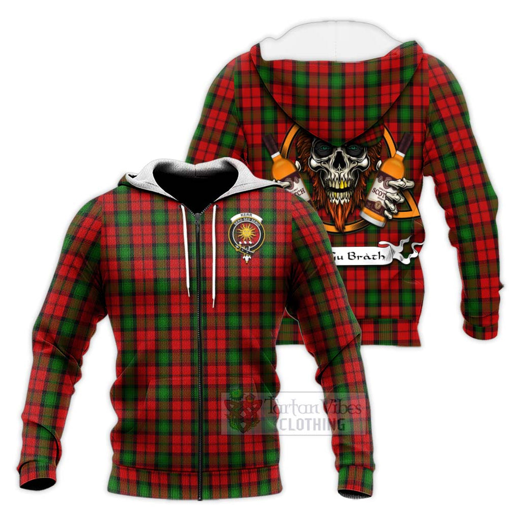 Tartan Vibes Clothing Kerr Tartan Knitted Hoodie with Family Crest and Bearded Skull Holding Bottles of Whiskey