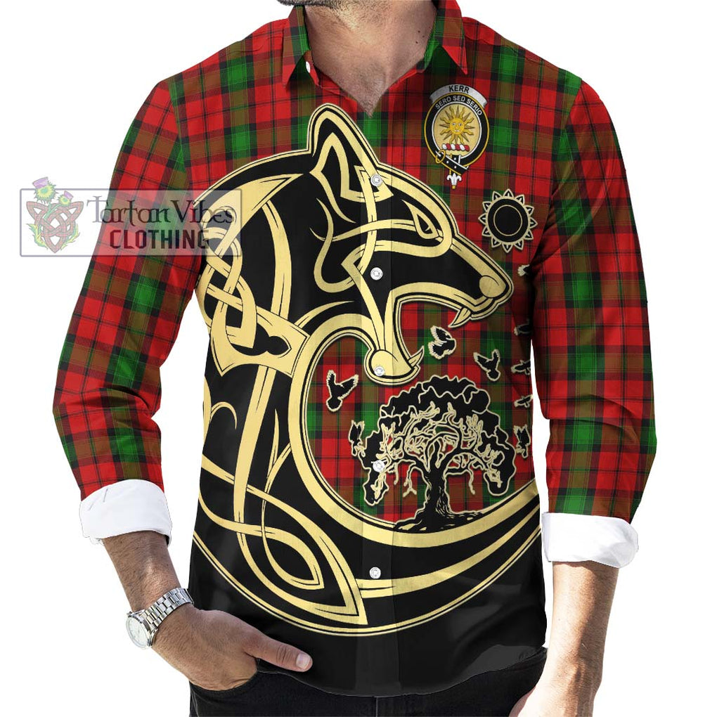 Kerr Tartan Long Sleeve Button Shirt with Family Crest Celtic Wolf Style - Tartan Vibes Clothing