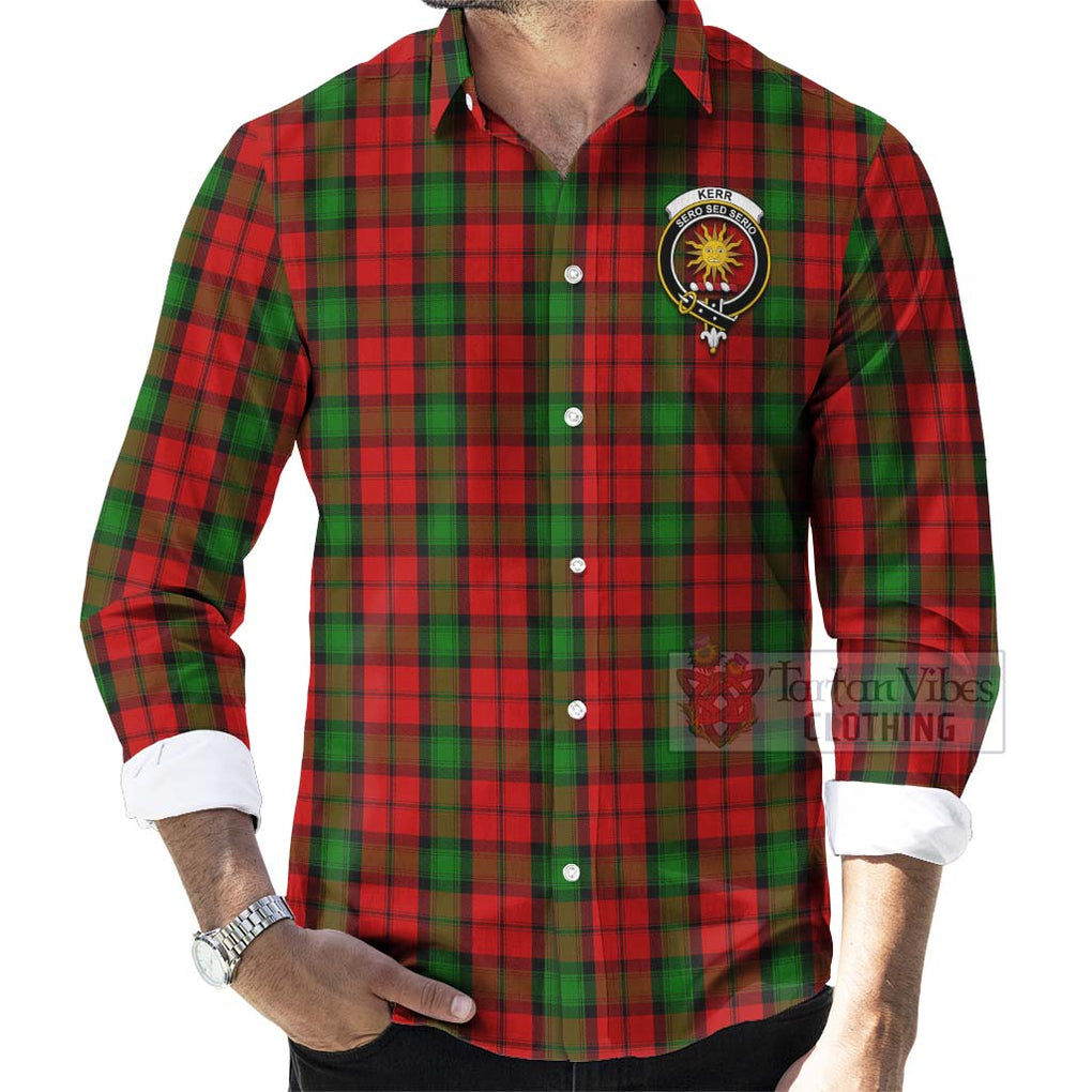 Tartan Vibes Clothing Kerr Tartan Long Sleeve Button Shirt with Family Crest Celtic Skull Style