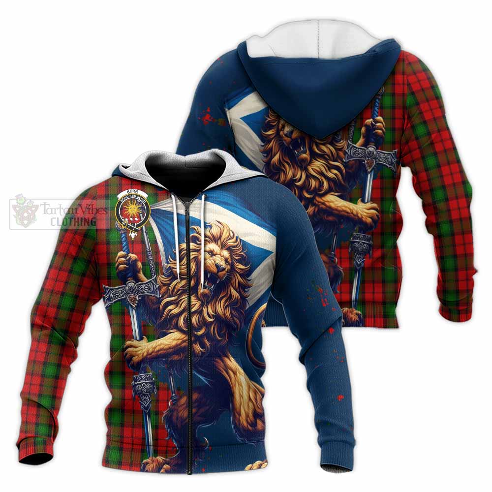 Tartan Vibes Clothing Kerr Tartan Family Crest Knitted Hoodie with Scottish Majestic Lion