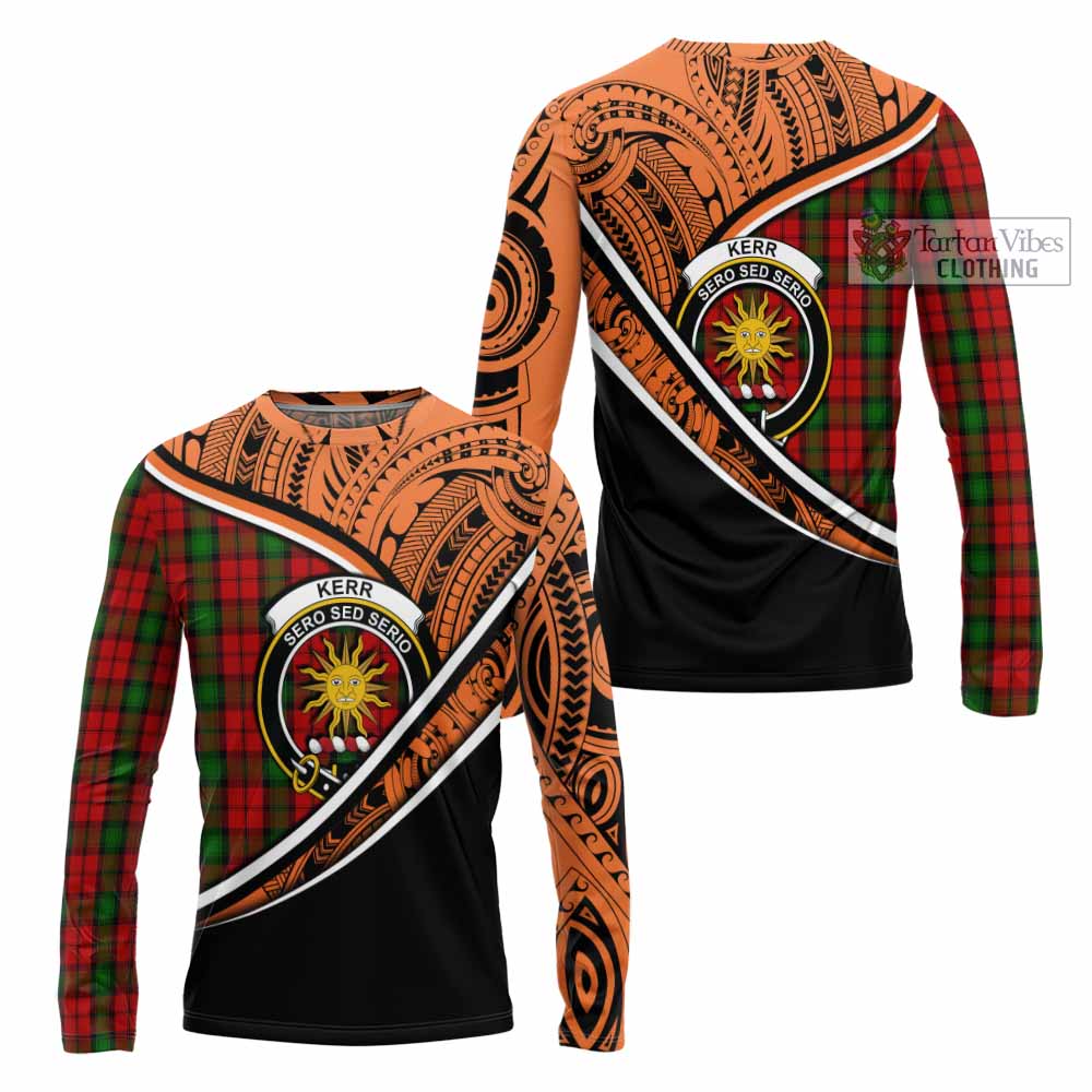 Tartan Vibes Clothing Kerr Crest Tartan Long Sleeve T-Shirt with Maori Tattoo Style - Orange Version