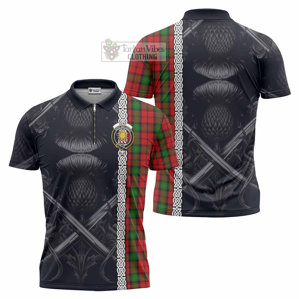 Tartan Vibes Clothing Kerr Tartan Zipper Polo Shirt with Family Crest Cross Sword Thistle Celtic Vibes