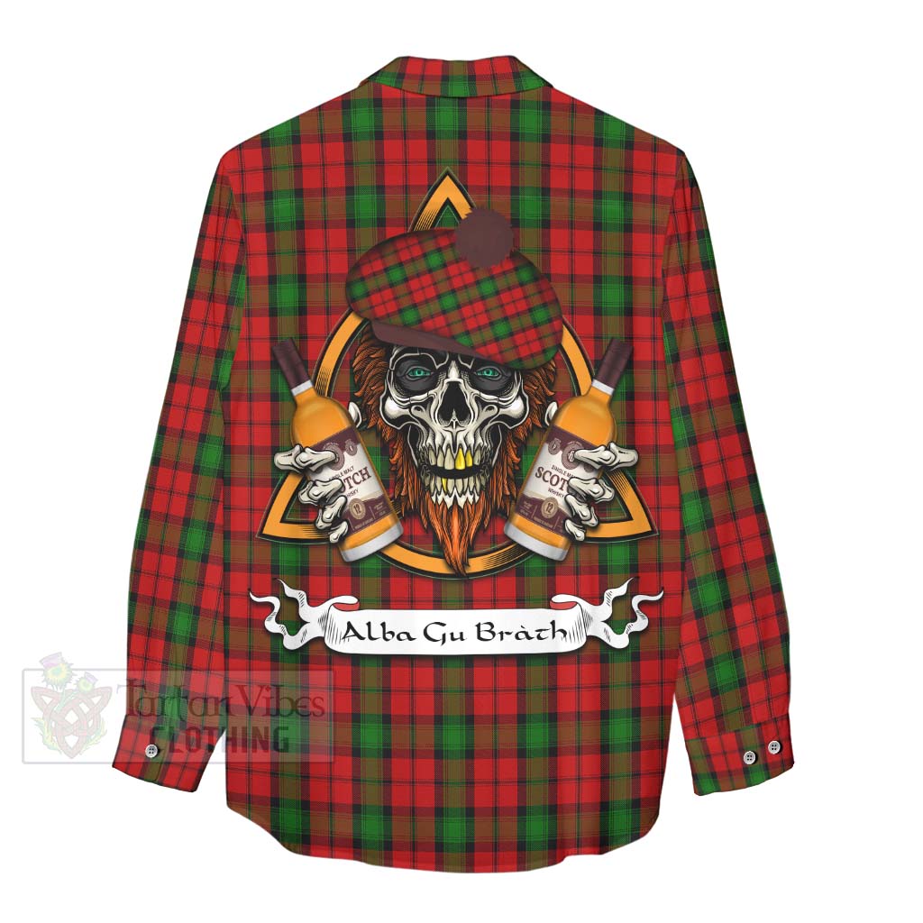 Tartan Vibes Clothing Kerr Tartan Women's Casual Shirt with Family Crest and Bearded Skull Holding Bottles of Whiskey