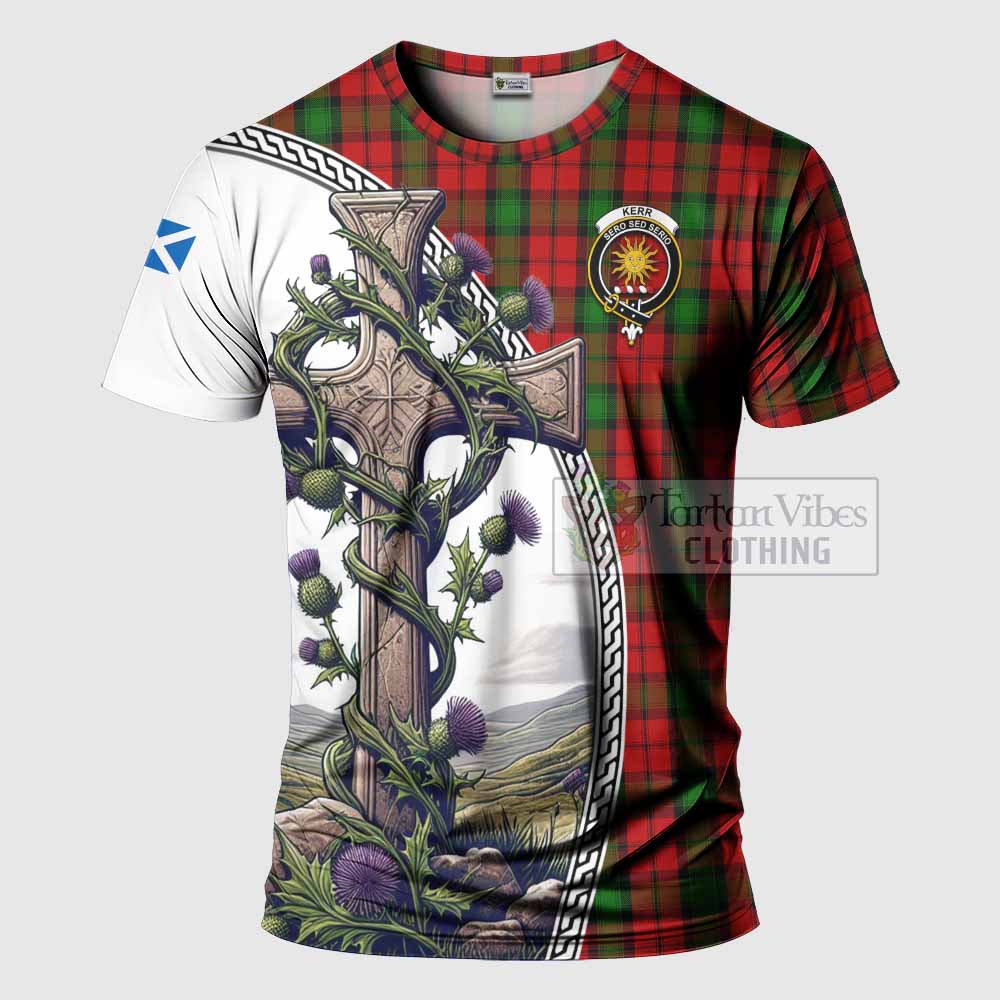 Tartan Vibes Clothing Kerr Agnew Tartan T-Shirt with Family Crest and St. Andrew's Cross Accented by Thistle Vines