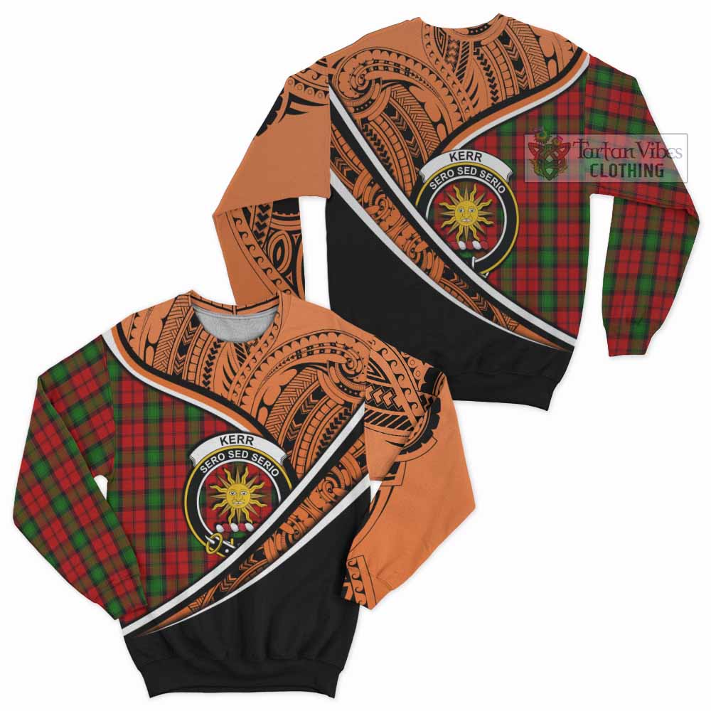 Tartan Vibes Clothing Kerr Crest Tartan Sweatshirt with Maori Tattoo Style - Orange Version