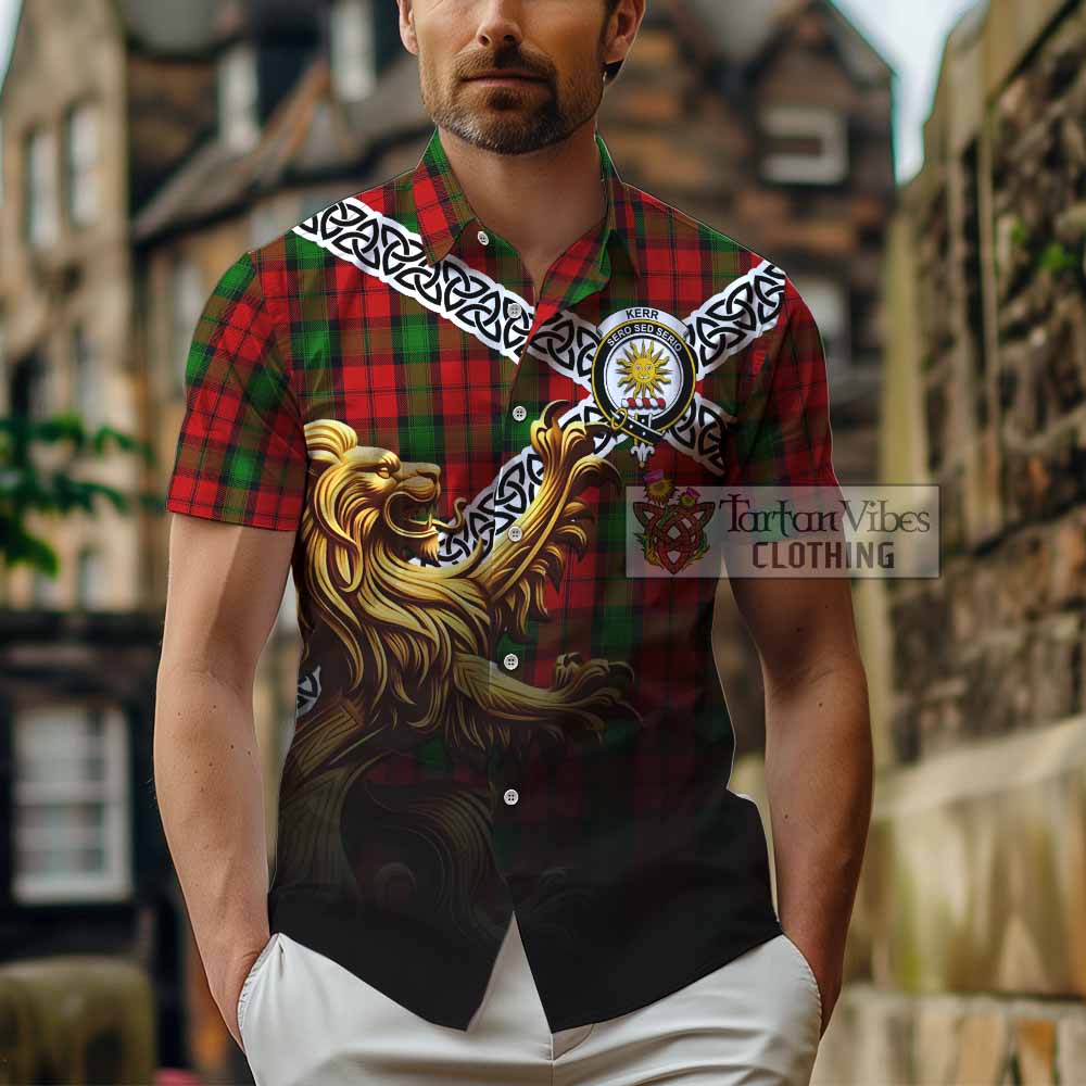 Kerr Crest Tartan Hawaiian Shirt with Golden Lion Emblem Celtic Style - Tartan Vibes Clothing