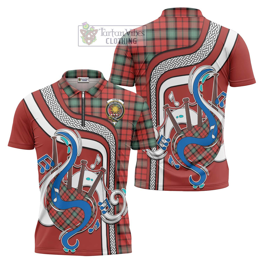 Kerr Ancient Tartan Zipper Polo Shirt with Epic Bagpipe Style Unisex - Tartanvibesclothing Shop