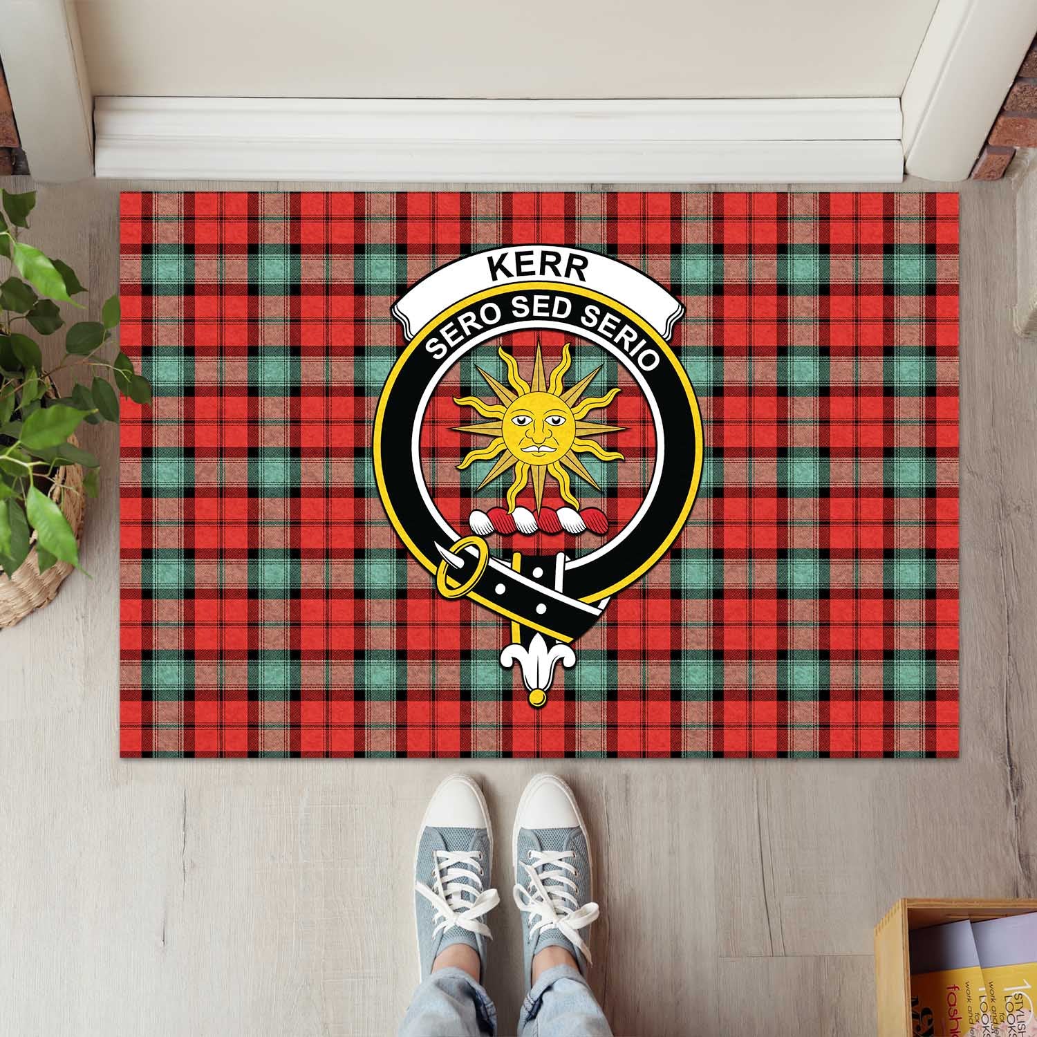 Kerr Ancient Tartan Door Mat with Family Crest - Tartanvibesclothing