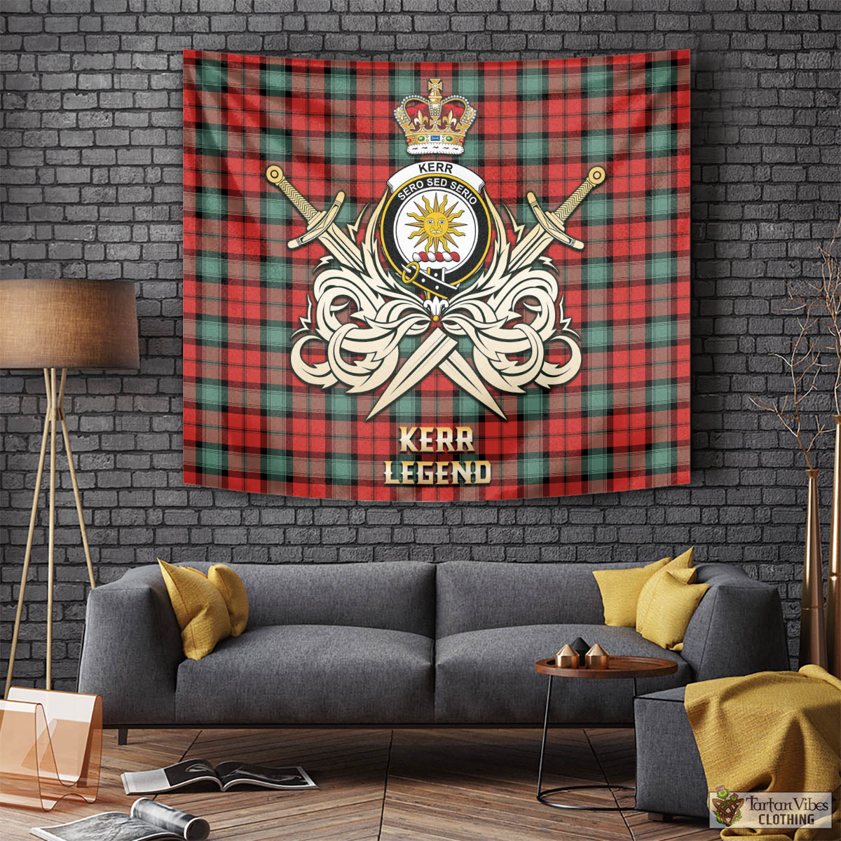 Tartan Vibes Clothing Kerr Ancient Tartan Tapestry with Clan Crest and the Golden Sword of Courageous Legacy