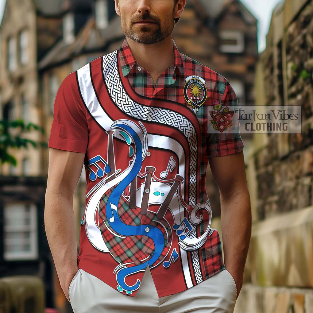 Kerr Ancient Tartan Short Sleeve Button Shirt with Epic Bagpipe Style - Tartanvibesclothing Shop