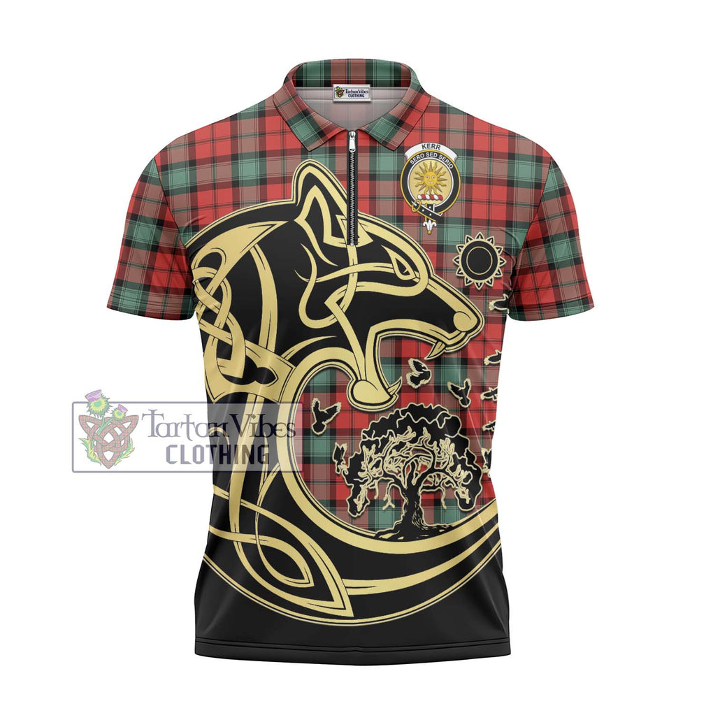 Kerr Ancient Tartan Zipper Polo Shirt with Family Crest Celtic Wolf Style - Tartanvibesclothing Shop