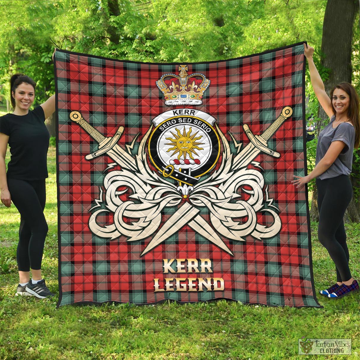 Tartan Vibes Clothing Kerr Ancient Tartan Quilt with Clan Crest and the Golden Sword of Courageous Legacy