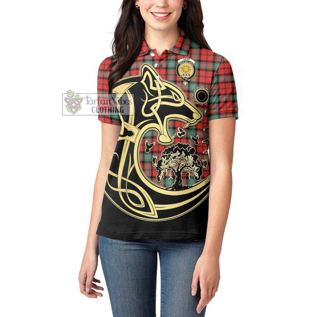 Kerr Ancient Tartan Women's Polo Shirt with Family Crest Celtic Wolf Style - Tartanvibesclothing Shop