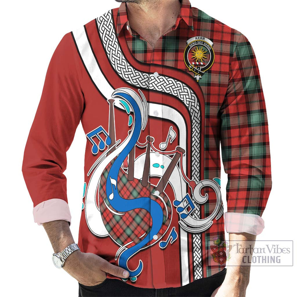 Kerr Ancient Tartan Long Sleeve Button Shirt with Epic Bagpipe Style - Tartanvibesclothing Shop