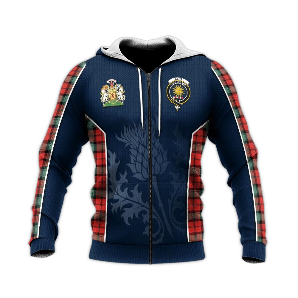 Tartan Vibes Clothing Kerr Ancient Tartan Knitted Hoodie with Family Crest and Scottish Thistle Vibes Sport Style