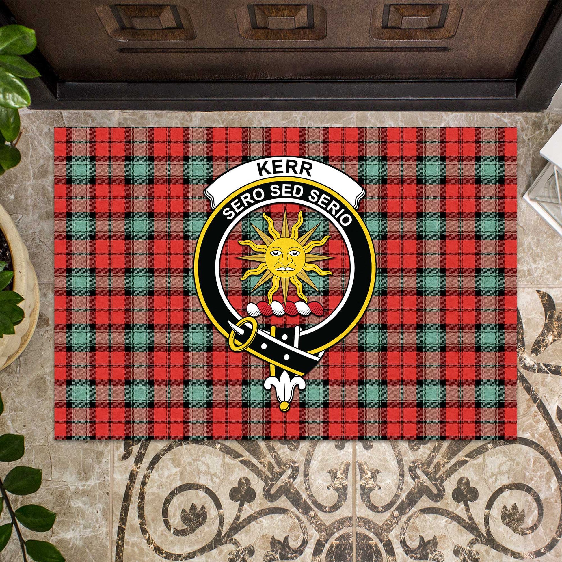 Kerr Ancient Tartan Door Mat with Family Crest - Tartanvibesclothing