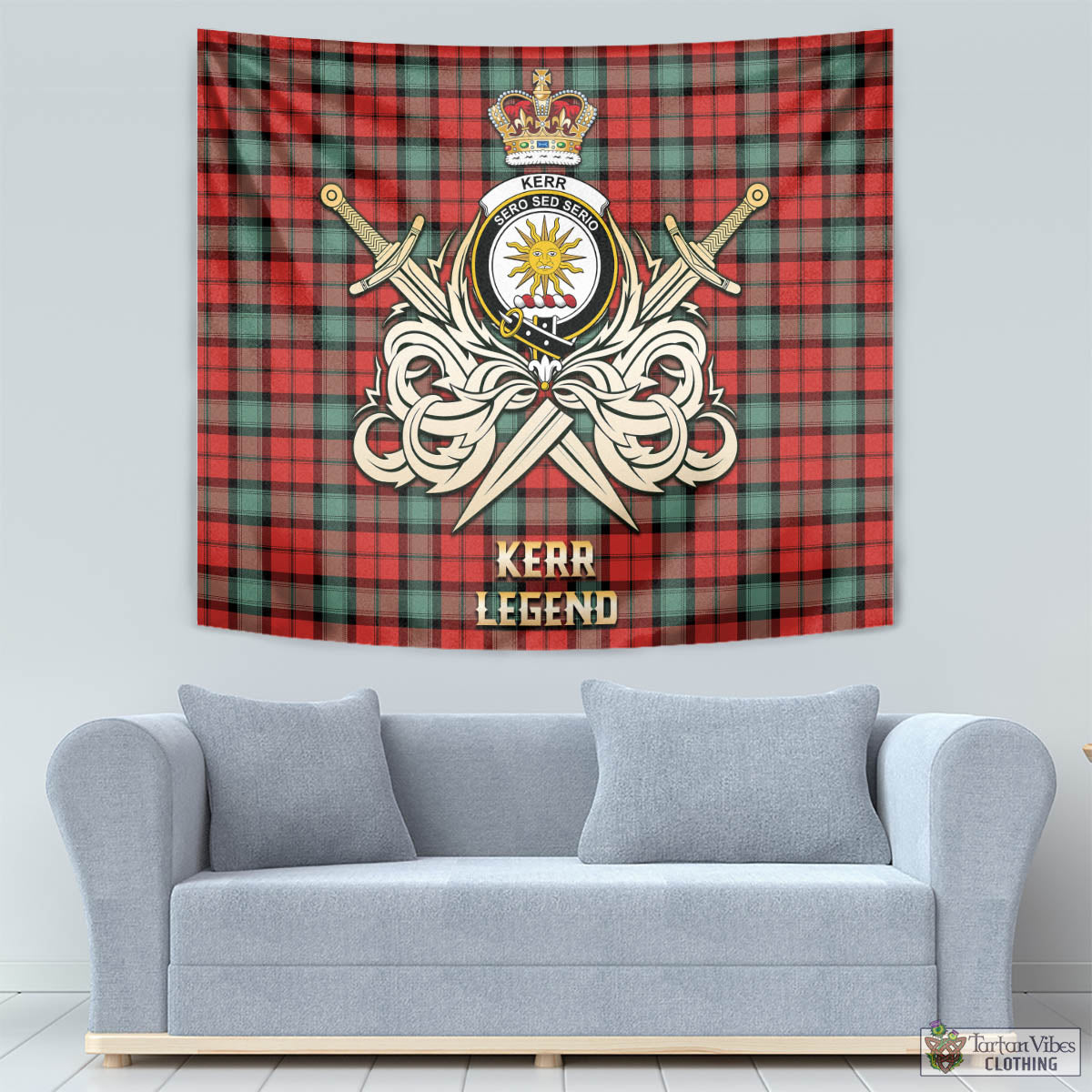 Tartan Vibes Clothing Kerr Ancient Tartan Tapestry with Clan Crest and the Golden Sword of Courageous Legacy