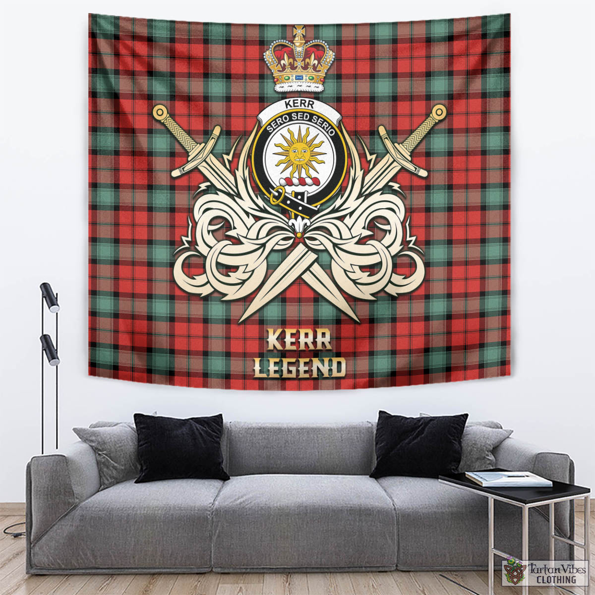 Tartan Vibes Clothing Kerr Ancient Tartan Tapestry with Clan Crest and the Golden Sword of Courageous Legacy