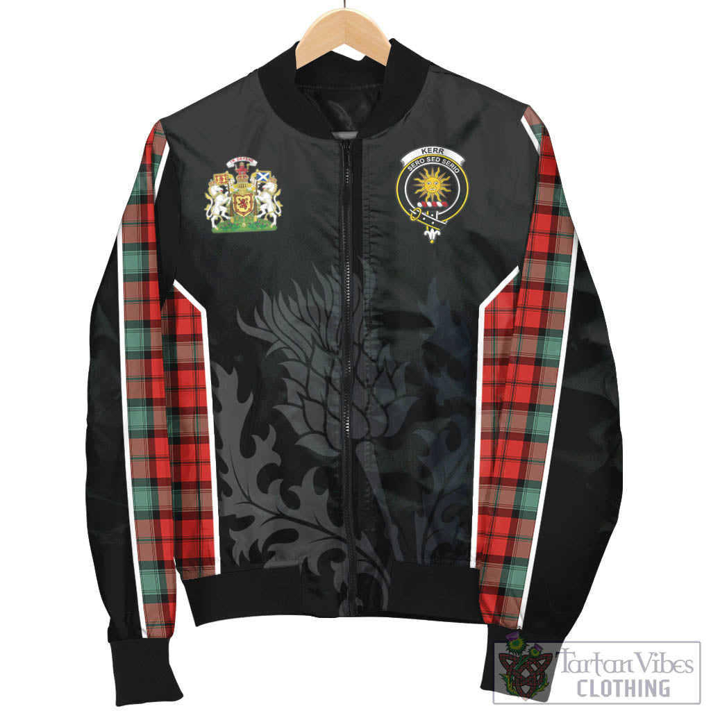 Tartan Vibes Clothing Kerr Ancient Tartan Bomber Jacket with Family Crest and Scottish Thistle Vibes Sport Style