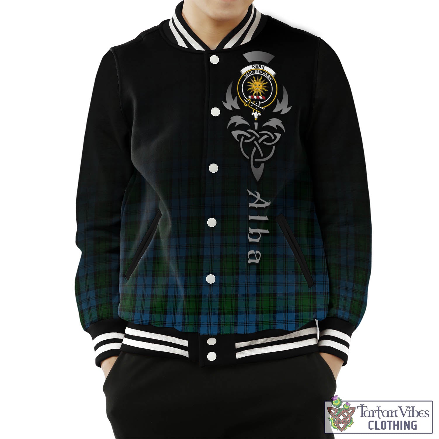 Tartan Vibes Clothing Kerr Hunting Tartan Baseball Jacket Featuring Alba Gu Brath Family Crest Celtic Inspired