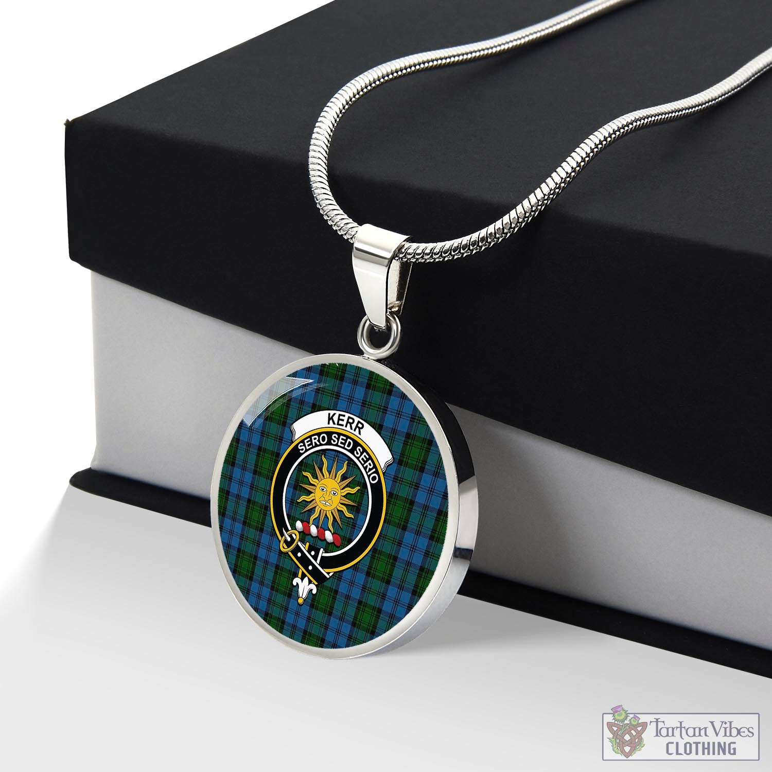 Tartan Vibes Clothing Kerr Hunting Tartan Circle Necklace with Family Crest