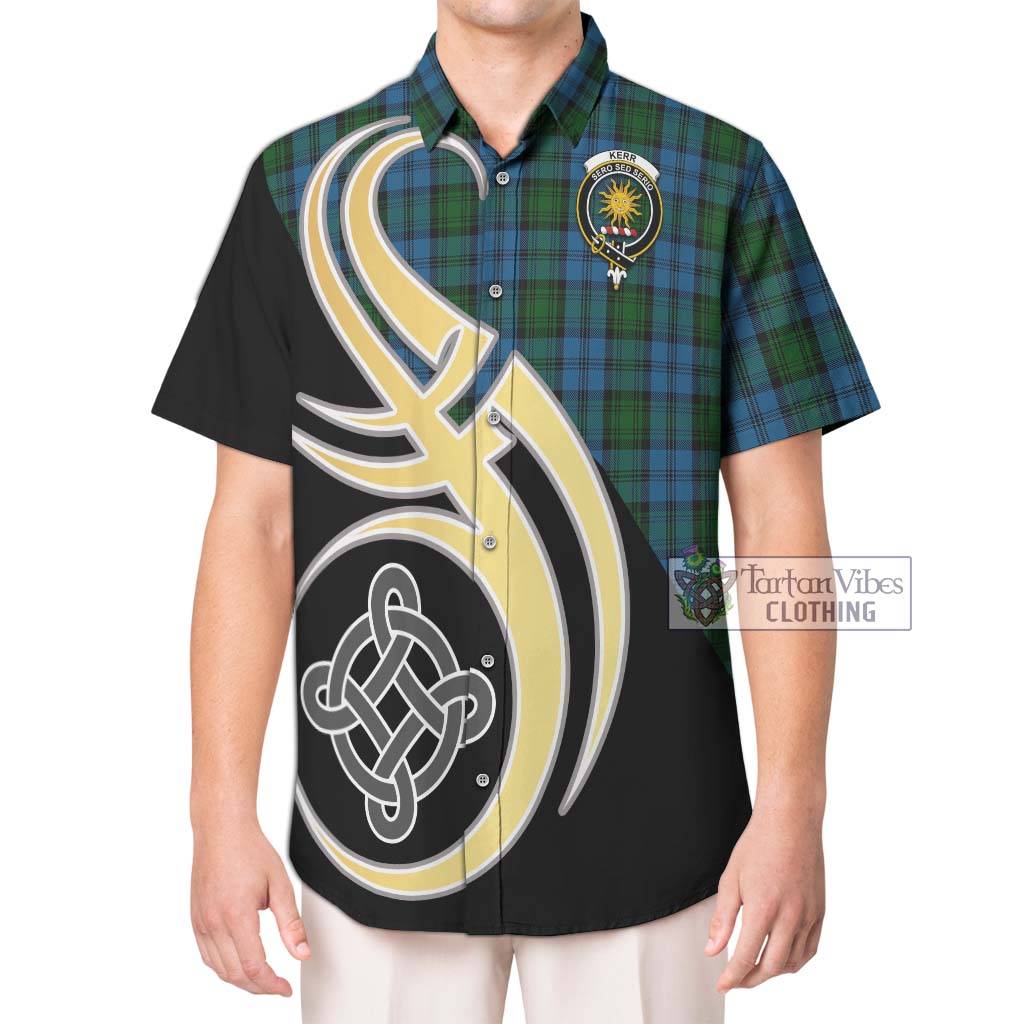 Kerr Hunting Tartan Short Sleeve Button Shirt with Family Crest and Celtic Symbol Style Kid - Tartan Vibes Clothing