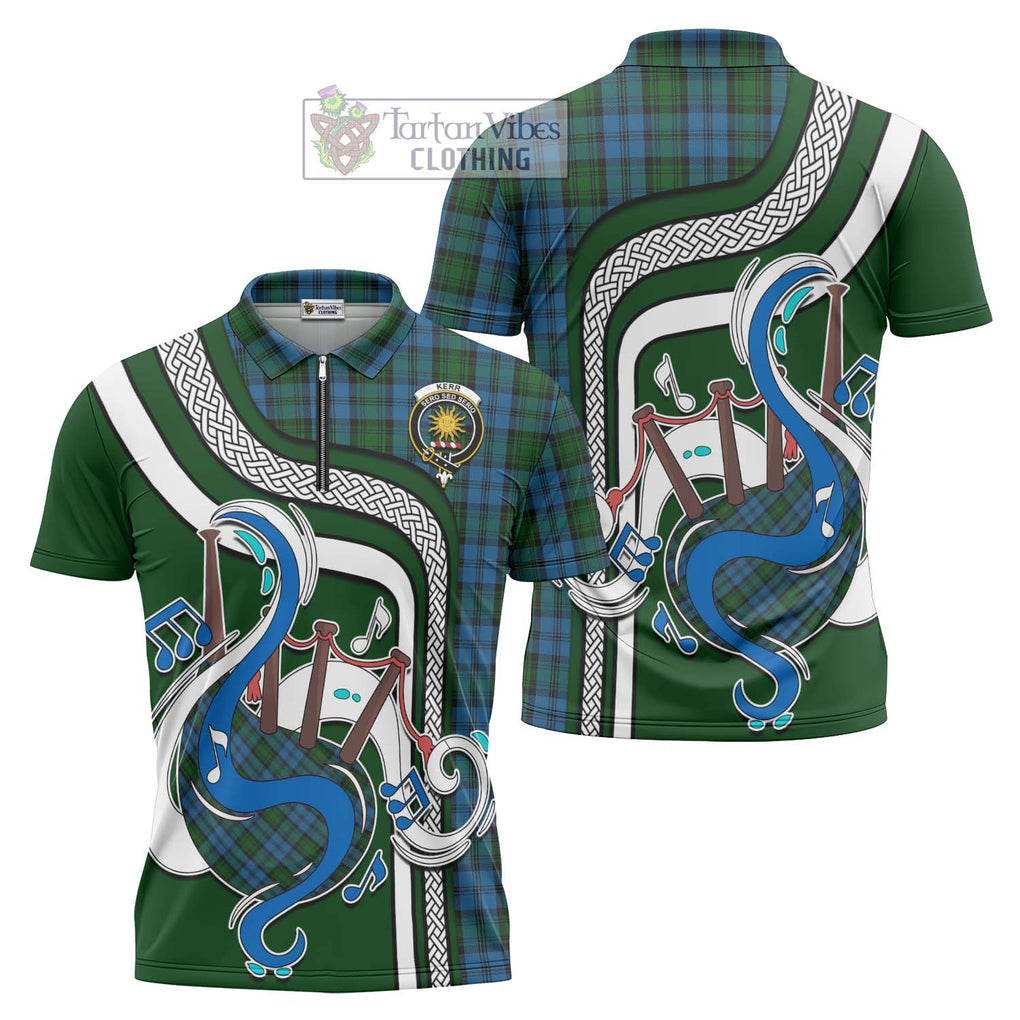 Kerr Hunting Tartan Zipper Polo Shirt with Epic Bagpipe Style Unisex - Tartanvibesclothing Shop