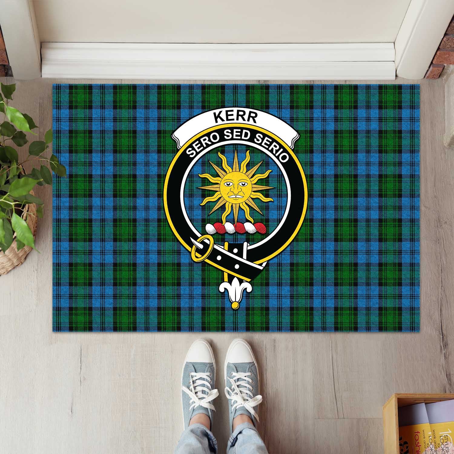 Kerr Hunting Tartan Door Mat with Family Crest - Tartanvibesclothing