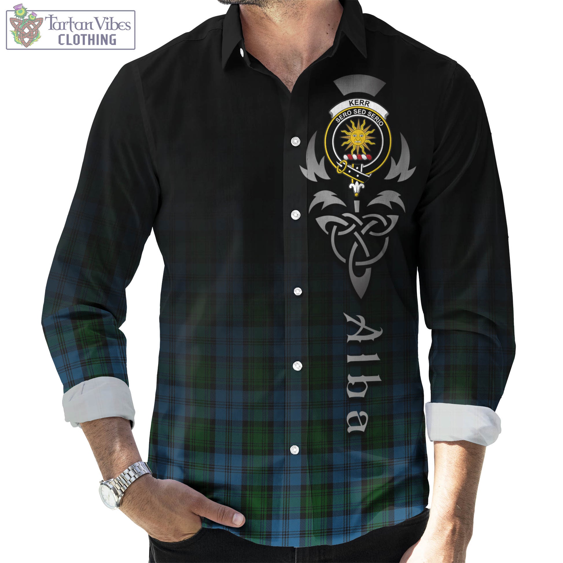 Tartan Vibes Clothing Kerr Hunting Tartan Long Sleeve Button Up Featuring Alba Gu Brath Family Crest Celtic Inspired