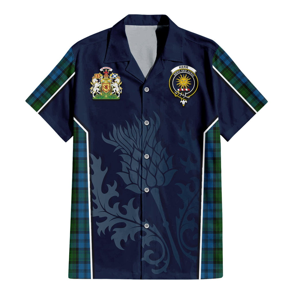 Tartan Vibes Clothing Kerr Hunting Tartan Short Sleeve Button Up Shirt with Family Crest and Scottish Thistle Vibes Sport Style