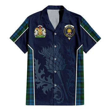 Kerr Hunting Tartan Short Sleeve Button Up Shirt with Family Crest and Scottish Thistle Vibes Sport Style