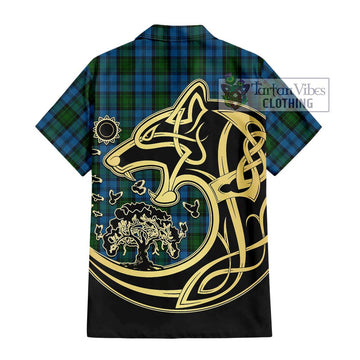 Kerr Hunting Tartan Short Sleeve Button Shirt with Family Crest Celtic Wolf Style