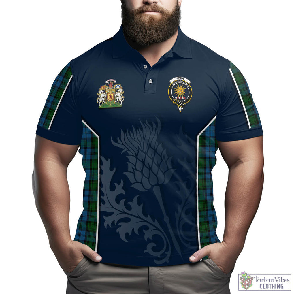 Tartan Vibes Clothing Kerr Hunting Tartan Men's Polo Shirt with Family Crest and Scottish Thistle Vibes Sport Style