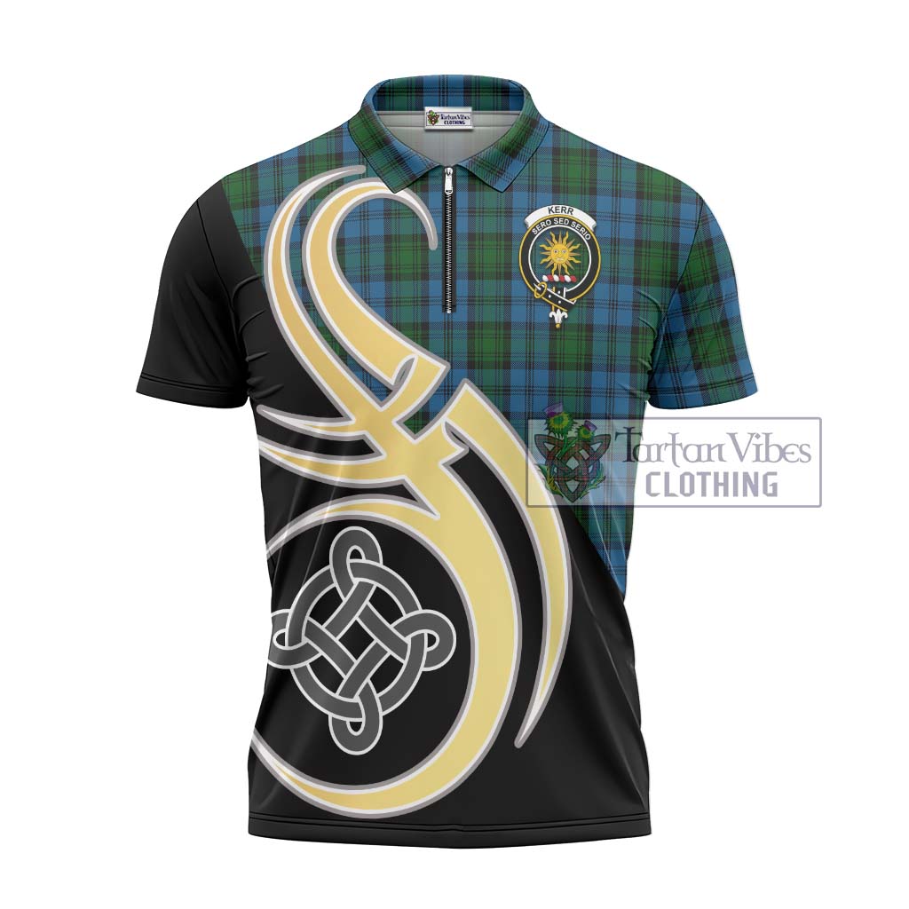 Tartan Vibes Clothing Kerr Hunting Tartan Zipper Polo Shirt with Family Crest and Celtic Symbol Style