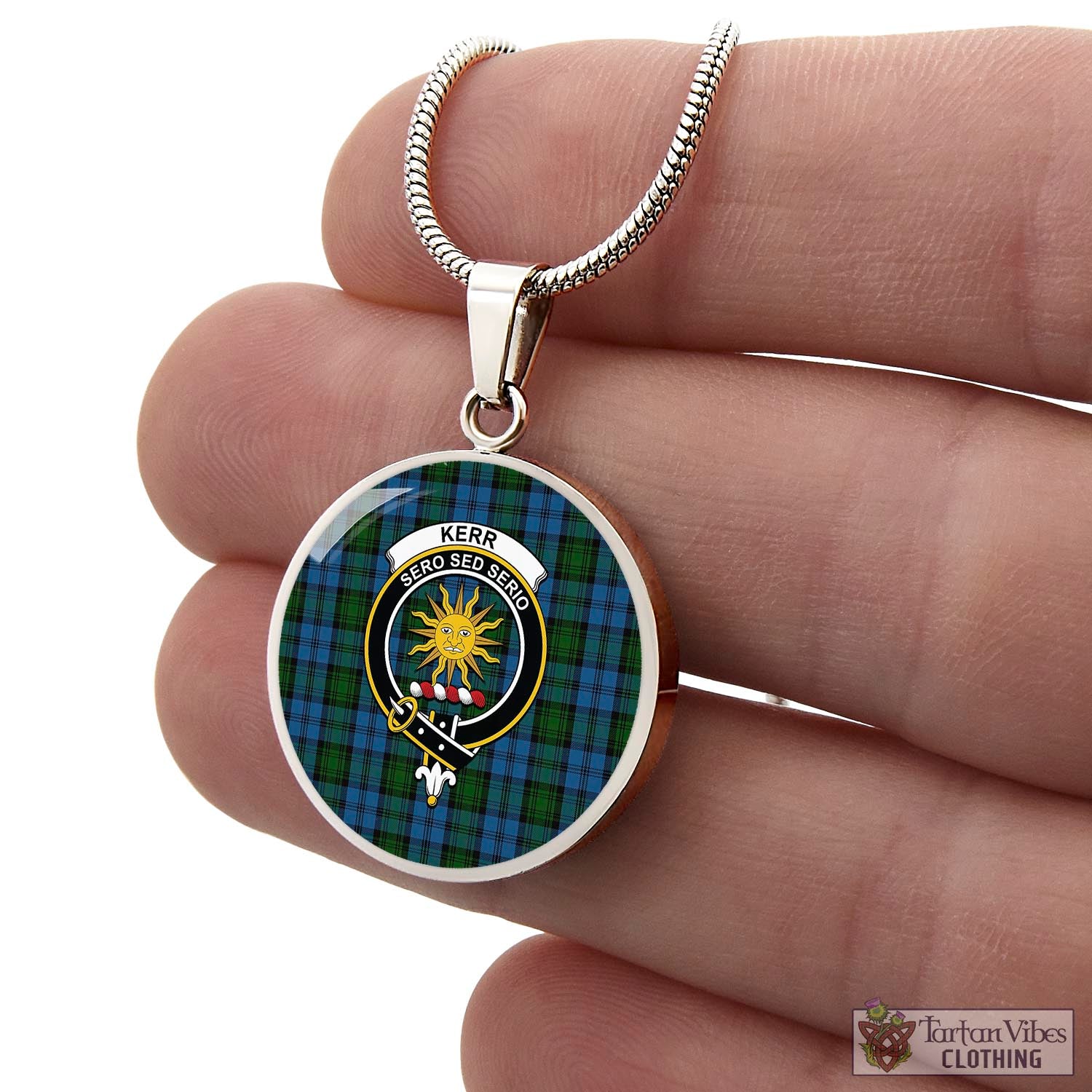 Tartan Vibes Clothing Kerr Hunting Tartan Circle Necklace with Family Crest