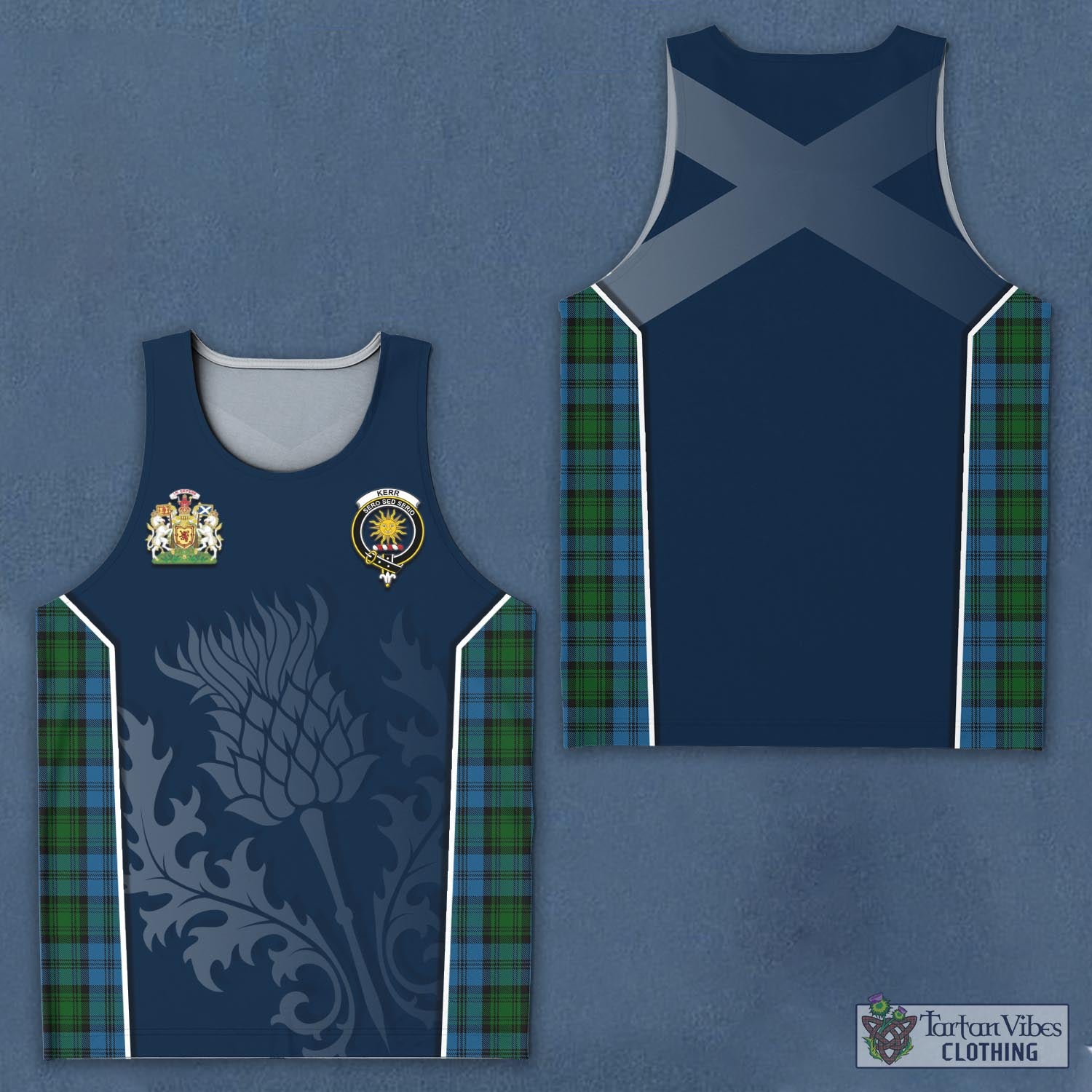 Tartan Vibes Clothing Kerr Hunting Tartan Men's Tanks Top with Family Crest and Scottish Thistle Vibes Sport Style