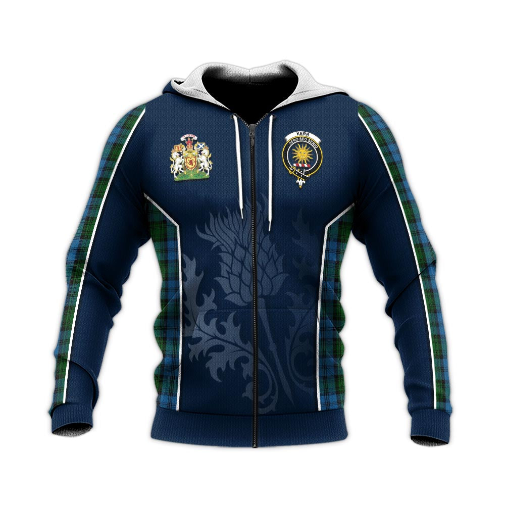 Tartan Vibes Clothing Kerr Hunting Tartan Knitted Hoodie with Family Crest and Scottish Thistle Vibes Sport Style