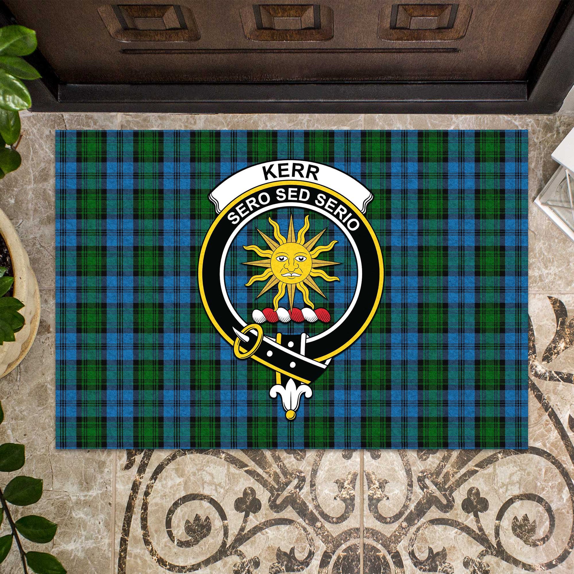 Kerr Hunting Tartan Door Mat with Family Crest - Tartanvibesclothing