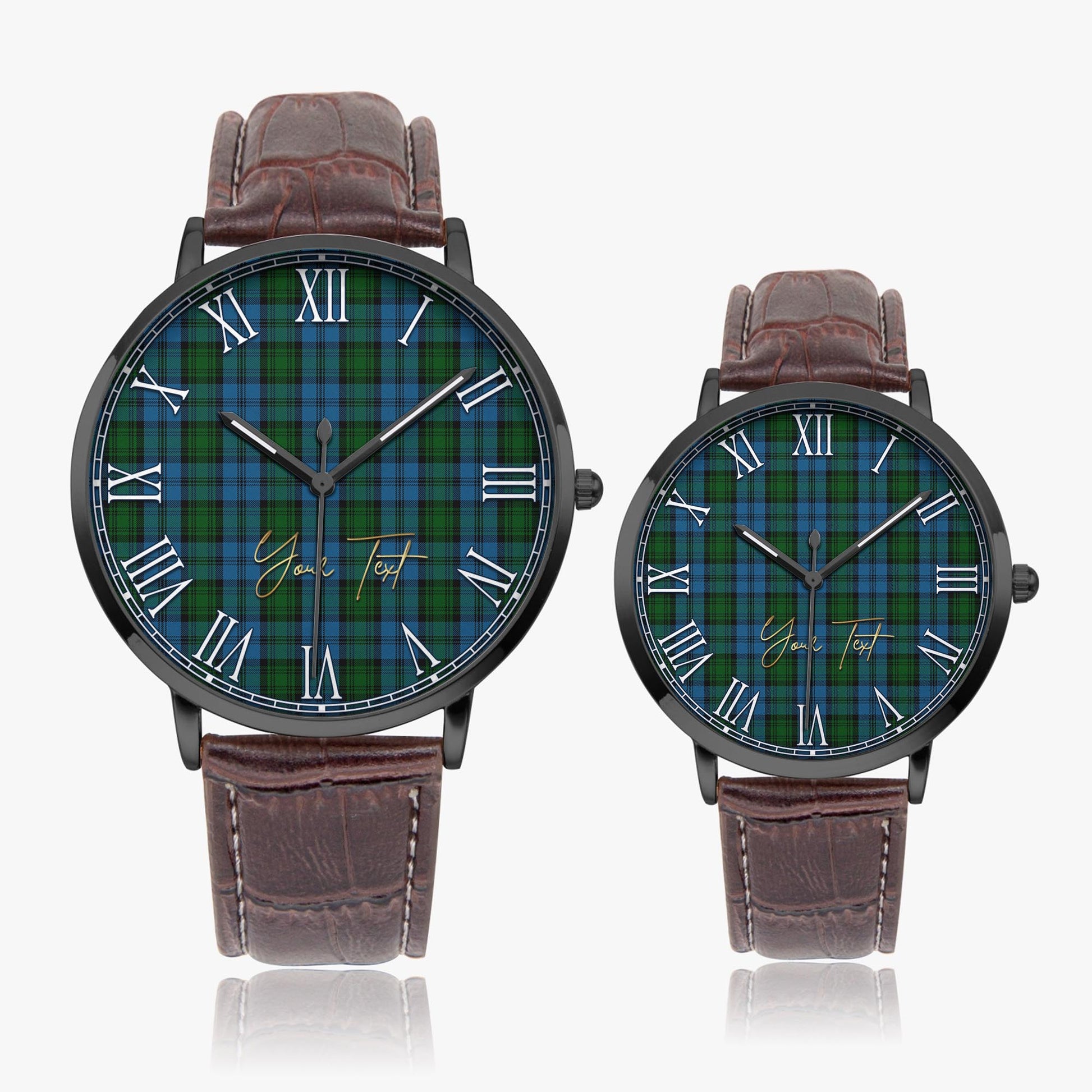 Kerr Hunting Tartan Personalized Your Text Leather Trap Quartz Watch Ultra Thin Black Case With Brown Leather Strap - Tartanvibesclothing