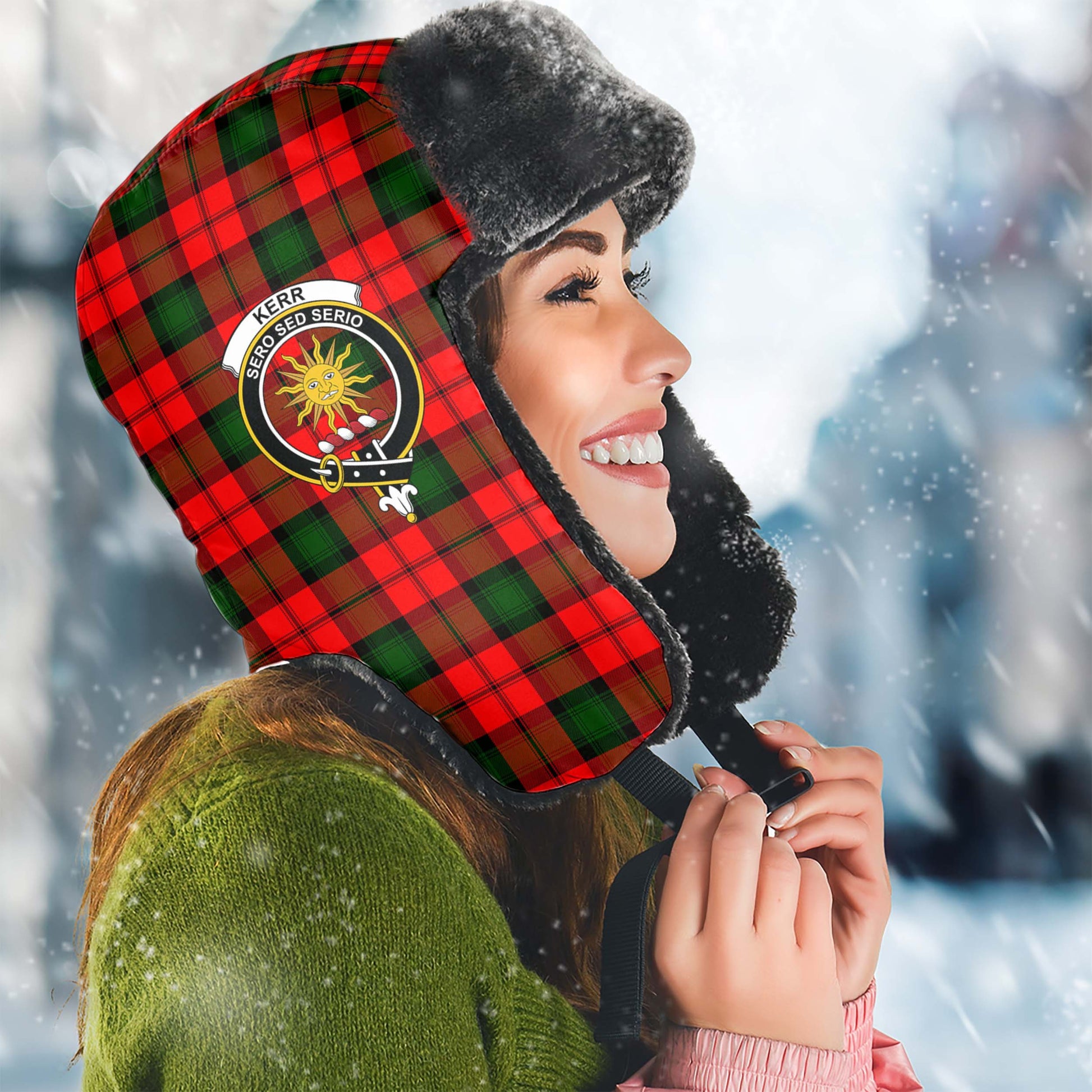 Kerr Modern Tartan Winter Trapper Hat with Family Crest Winter Trapper Hat Universal Fit Circumference 22.8in (58cm) - Tartanvibesclothing