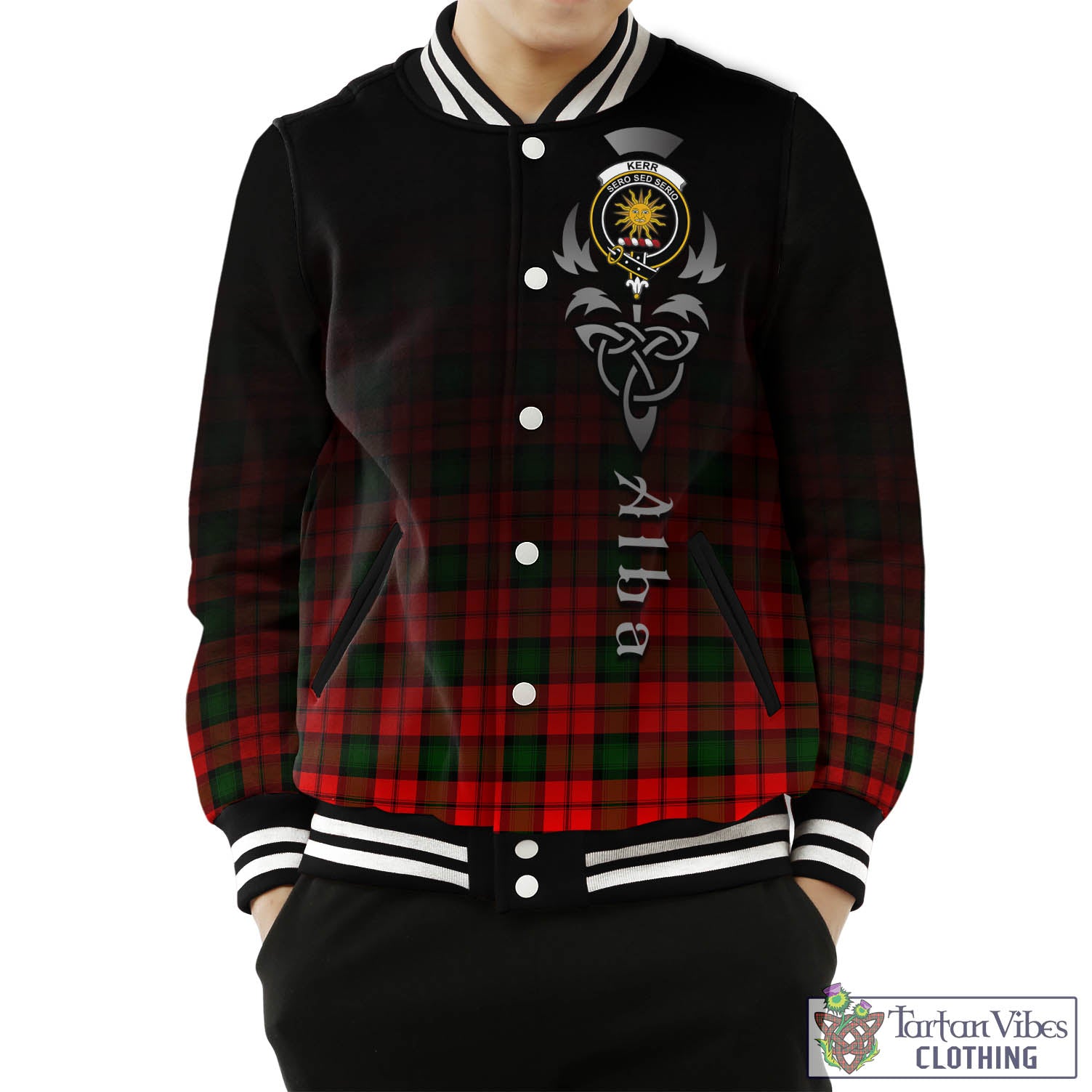 Tartan Vibes Clothing Kerr Modern Tartan Baseball Jacket Featuring Alba Gu Brath Family Crest Celtic Inspired