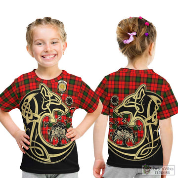 Kerr Modern Tartan Kid T-Shirt with Family Crest Celtic Wolf Style