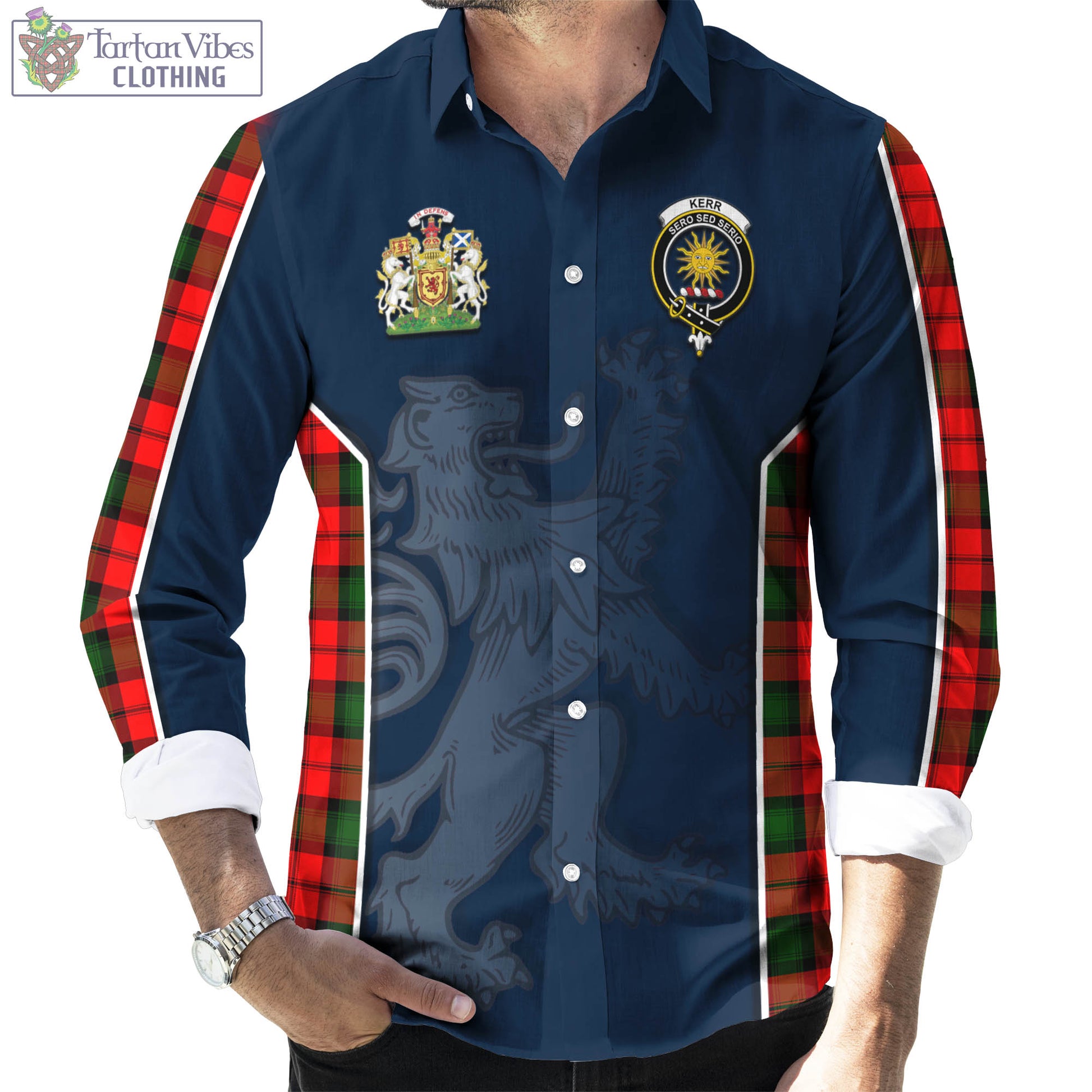 Tartan Vibes Clothing Kerr Modern Tartan Long Sleeve Button Up Shirt with Family Crest and Lion Rampant Vibes Sport Style