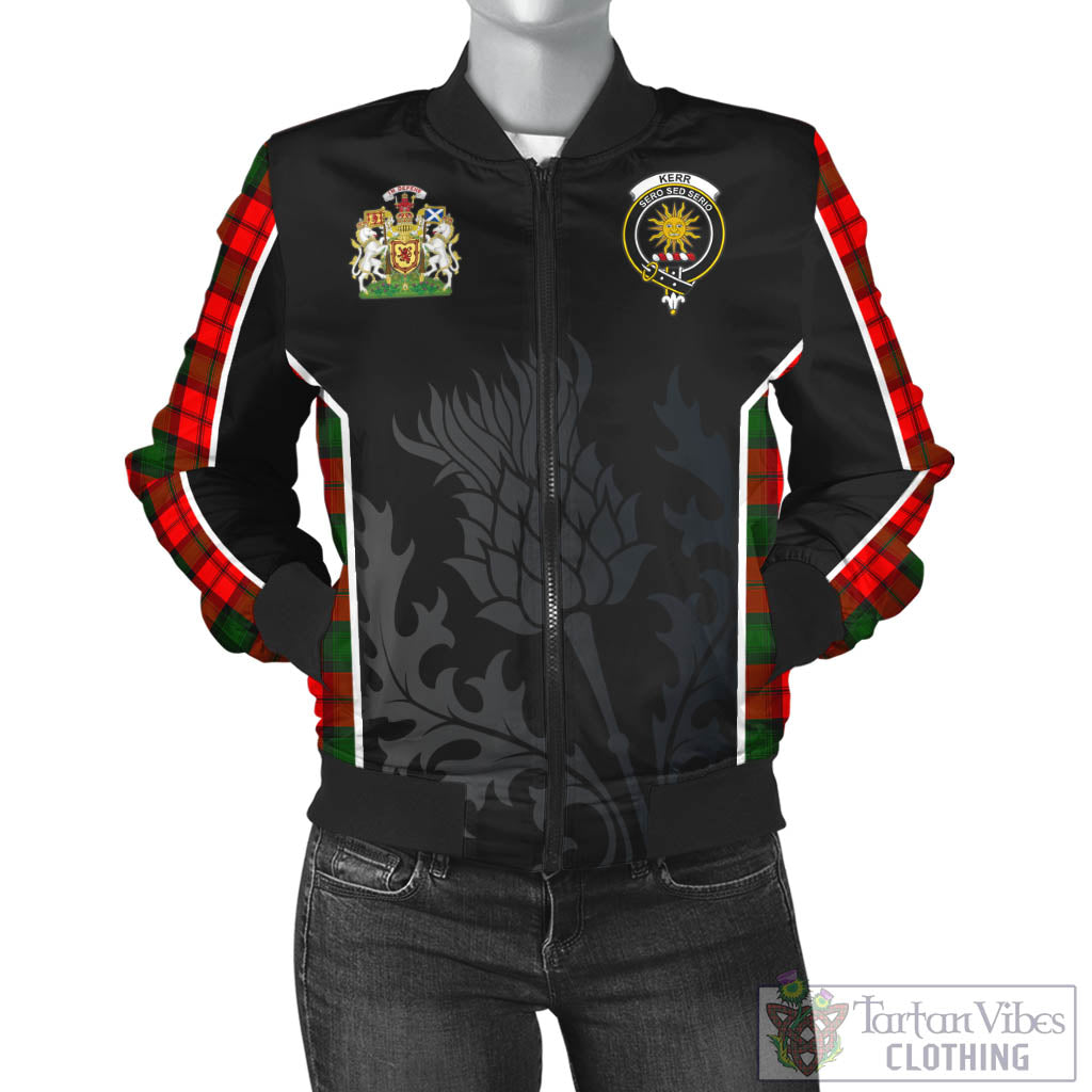 Tartan Vibes Clothing Kerr Modern Tartan Bomber Jacket with Family Crest and Scottish Thistle Vibes Sport Style